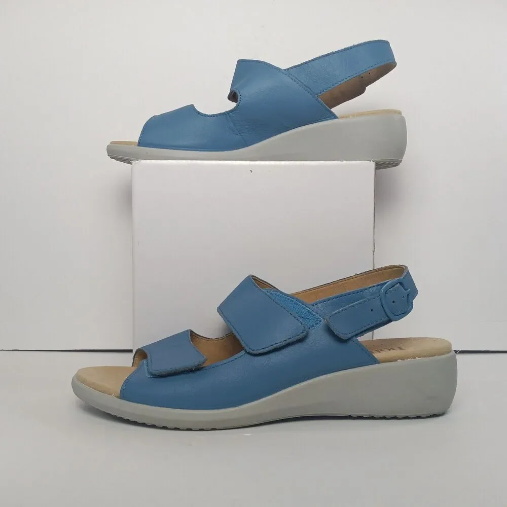 Hotter Easy Sandals Soft Blue Leather Low Wedge Comfort Walking Shoes Womens 8.5